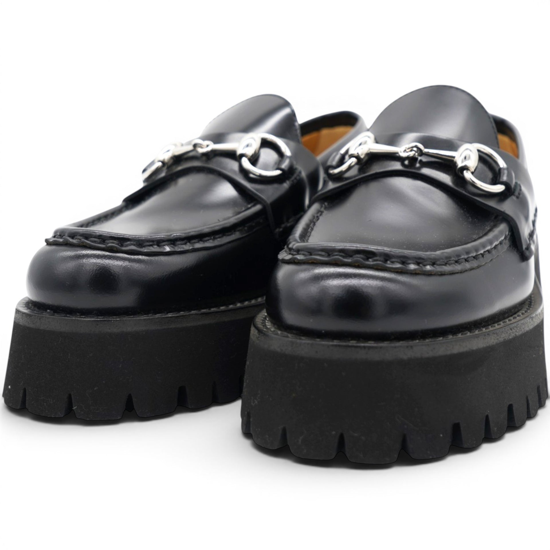 Gucci Cordovan Lux Womens Horsebit 45mm Platform Loafers Black Size35 