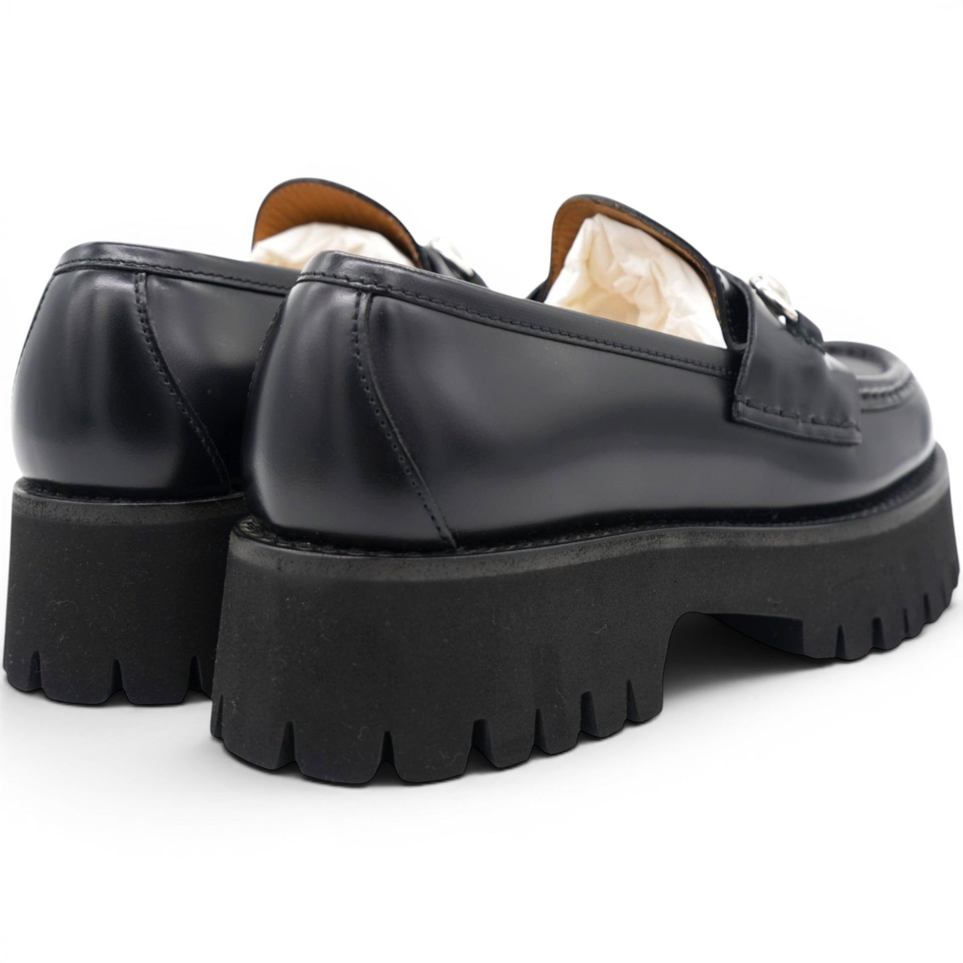 Gucci Cordovan Lux Womens Horsebit 45mm Platform Loafers Black Size35 