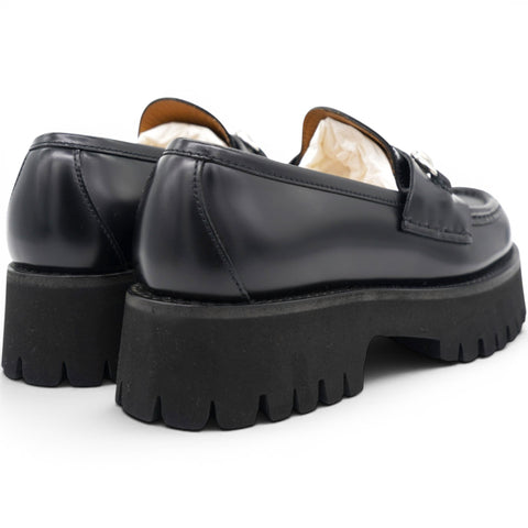 Gucci Cordovan Lux Womens Horsebit 45mm Platform Loafers Black Size35 