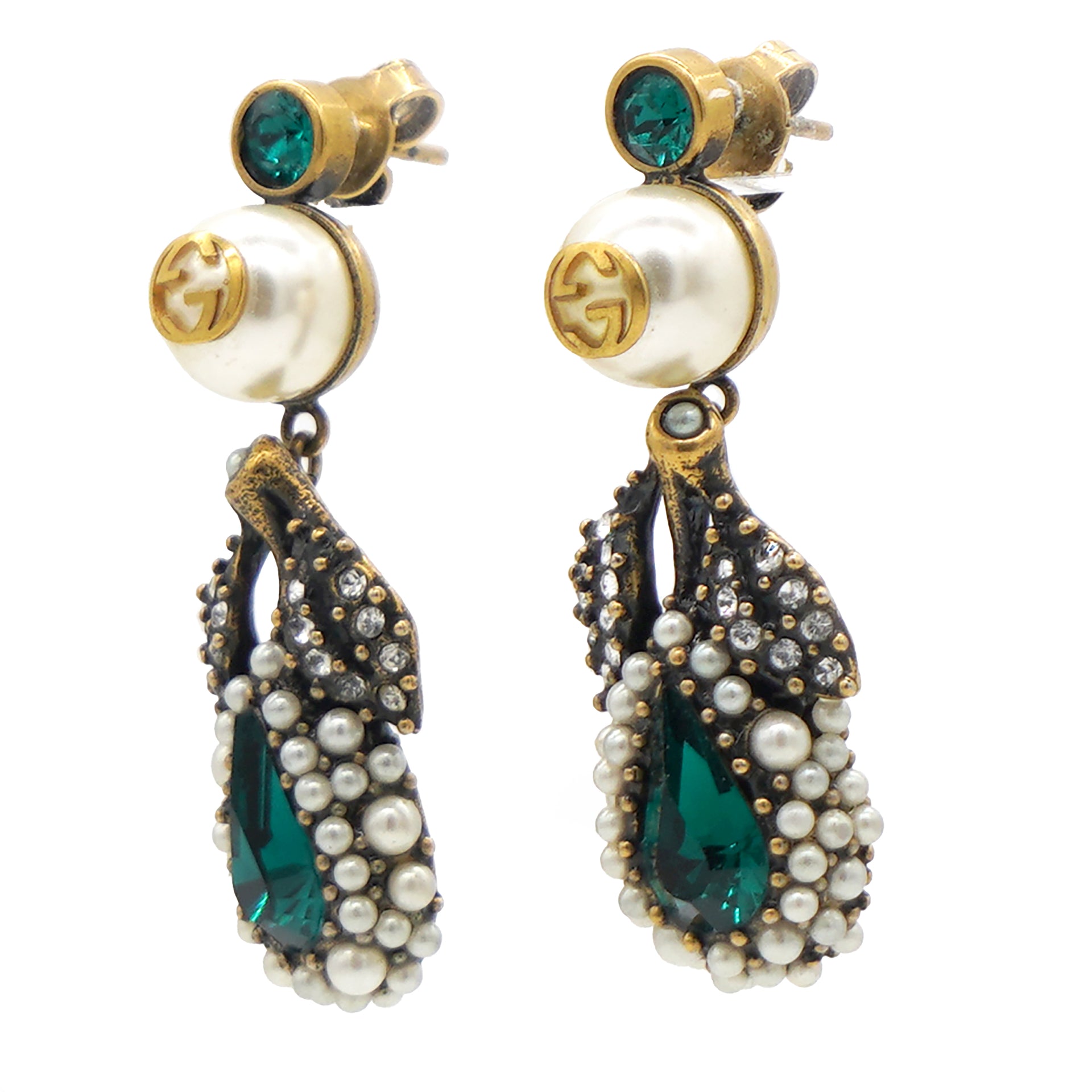 Gucci Earrings With Pearls And Green Stones