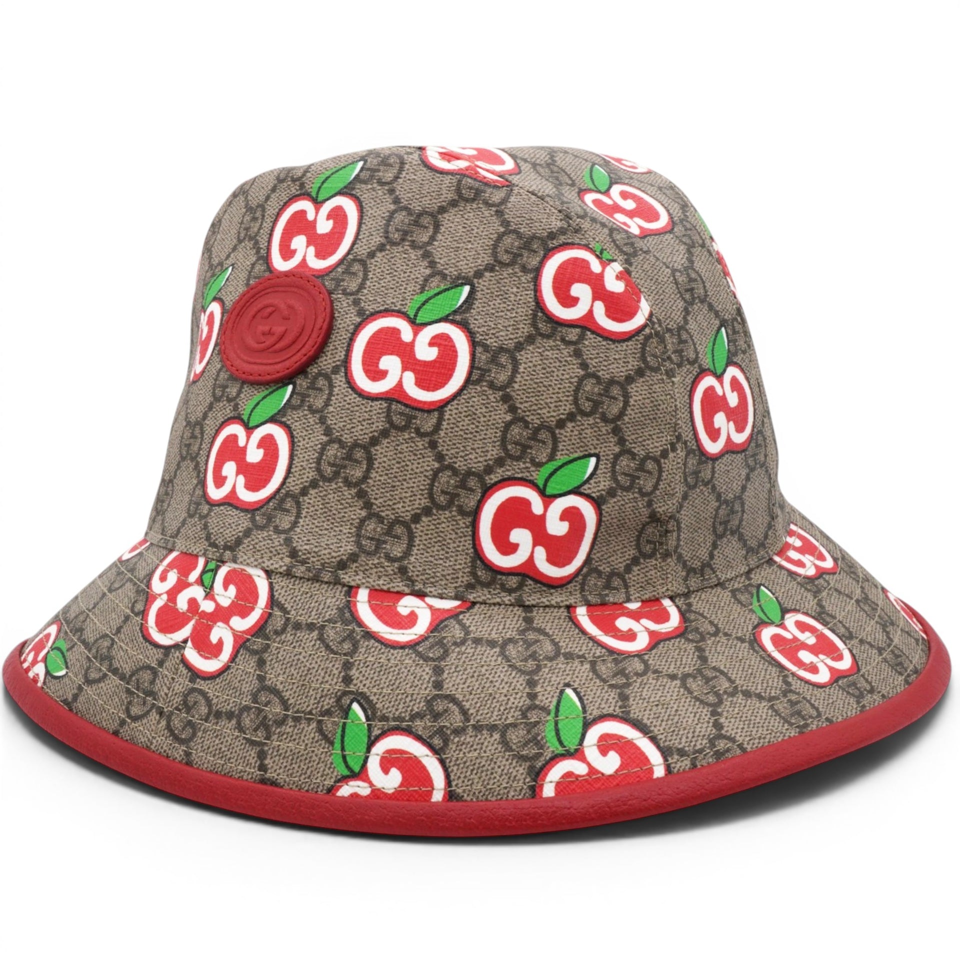 Gucci GG Supreme Monogram Apple Textured Dollar Calfskin Retro Interlocking G Fedora Pomme Bucket Hat Beige Ebony Red 