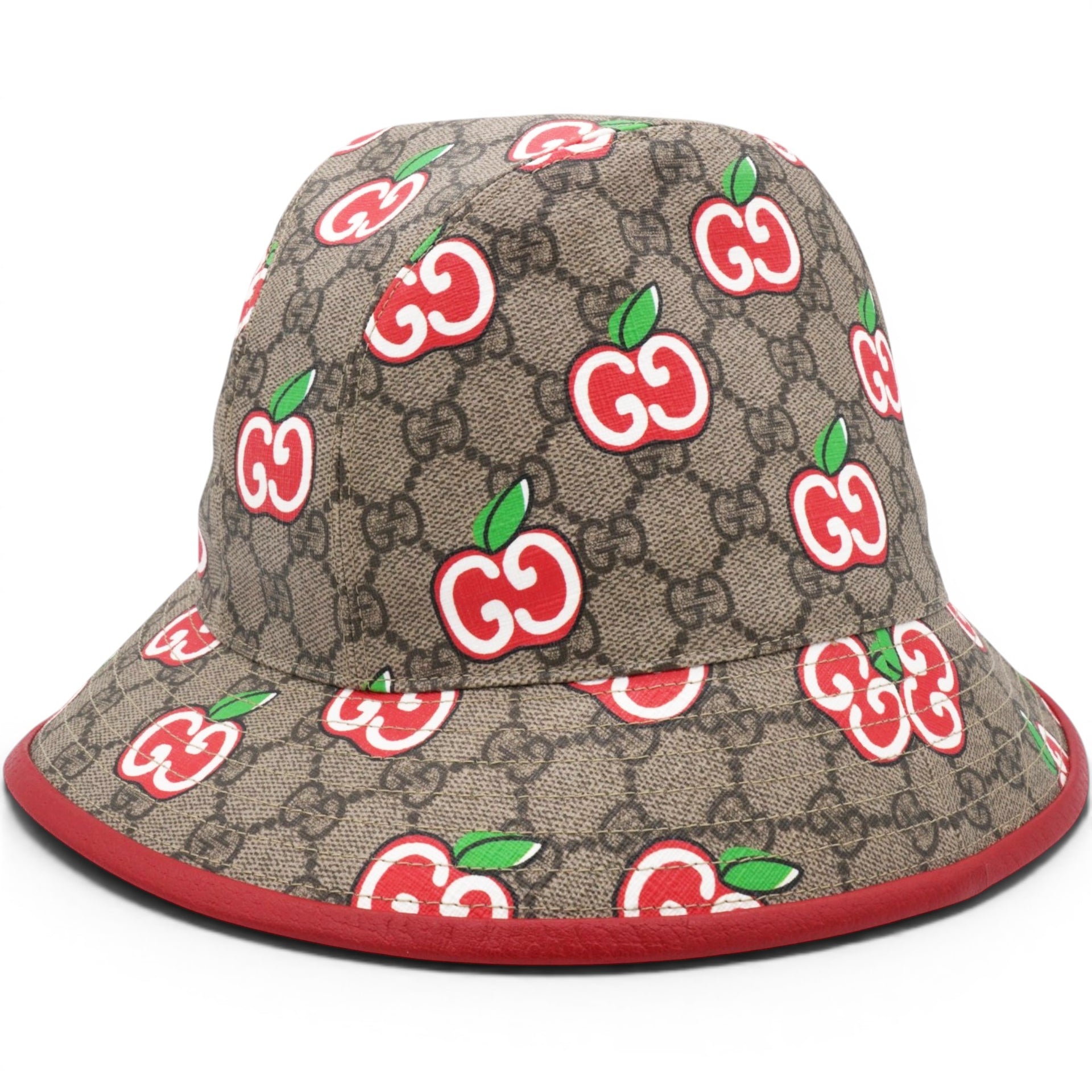 Gucci GG Supreme Monogram Apple Textured Dollar Calfskin Retro Interlocking G Fedora Pomme Bucket Hat Beige Ebony Red 