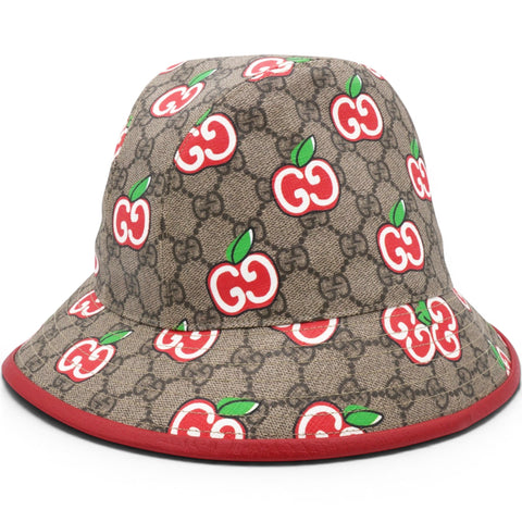 Gucci GG Supreme Monogram Apple Textured Dollar Calfskin Retro Interlocking G Fedora Pomme Bucket Hat Beige Ebony Red 