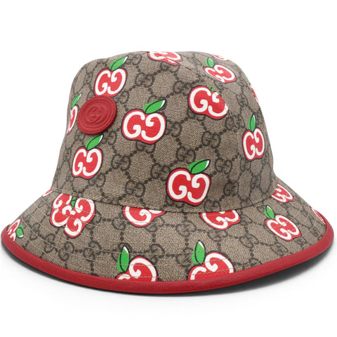 Gucci GG Supreme Monogram Apple Textured Dollar Calfskin Retro Interlocking G Fedora Pomme Bucket Hat Beige Ebony Red 