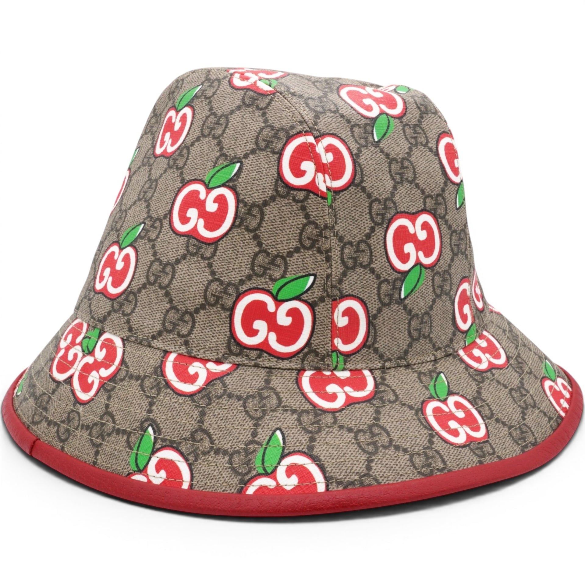 Gucci GG Supreme Monogram Apple Textured Dollar Calfskin Retro Interlocking G Fedora Pomme Bucket Hat Beige Ebony Red 