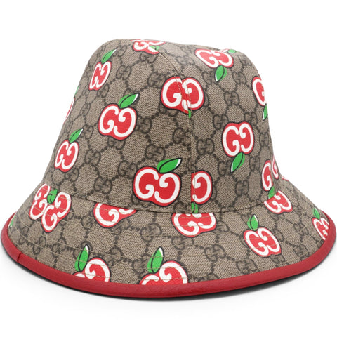 Gucci GG Supreme Monogram Apple Textured Dollar Calfskin Retro Interlocking G Fedora Pomme Bucket Hat Beige Ebony Red 