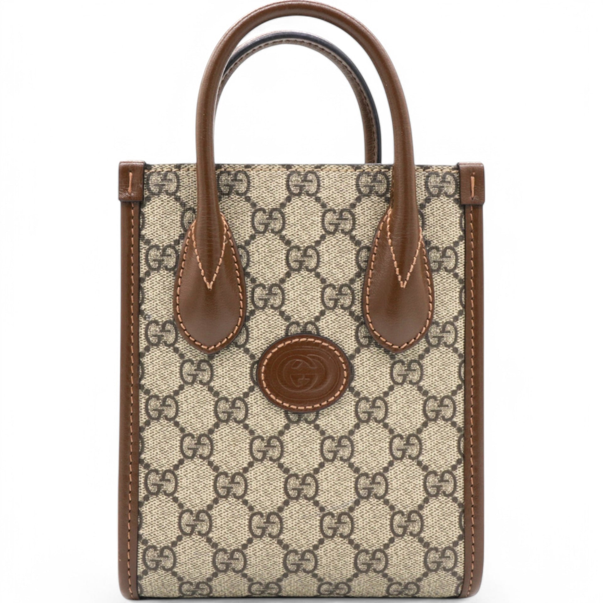 Gucci GG Supreme Monogram Azalea Mini Retro Interlocking G Tote Bag Beige Ebony Brown Sugar 