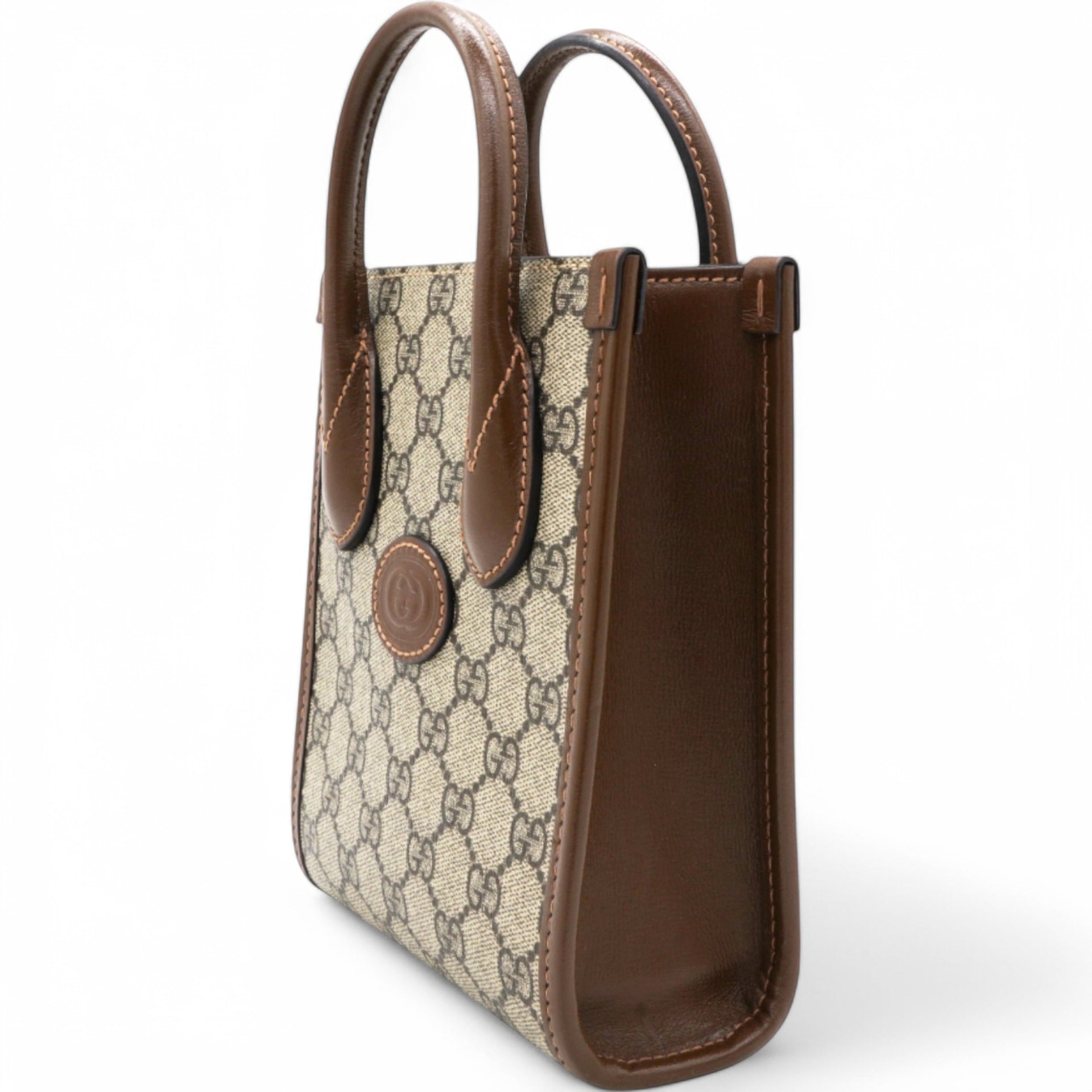 Gucci GG Supreme Monogram Azalea Mini Retro Interlocking G Tote Bag Beige Ebony Brown Sugar 