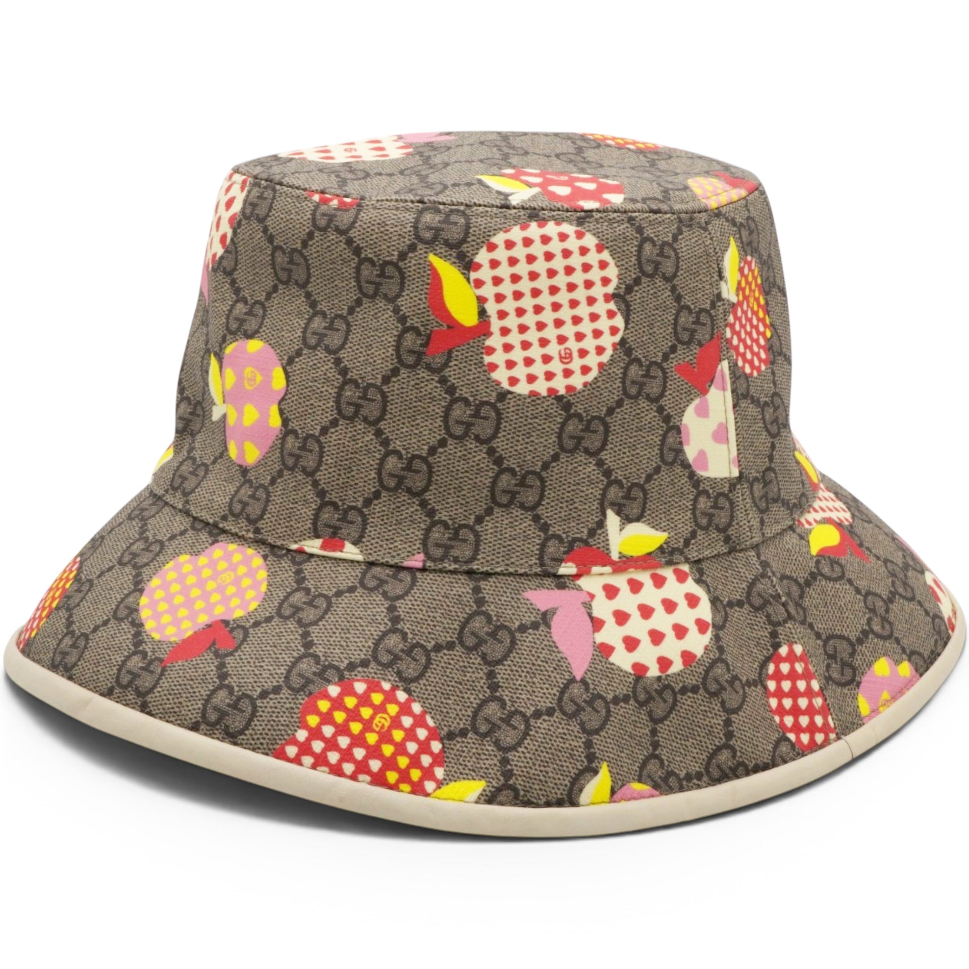 Gucci GG Supreme Monogram Les Pommes Bob Apple Bucket Hat Beige Ebony Size 58/L 