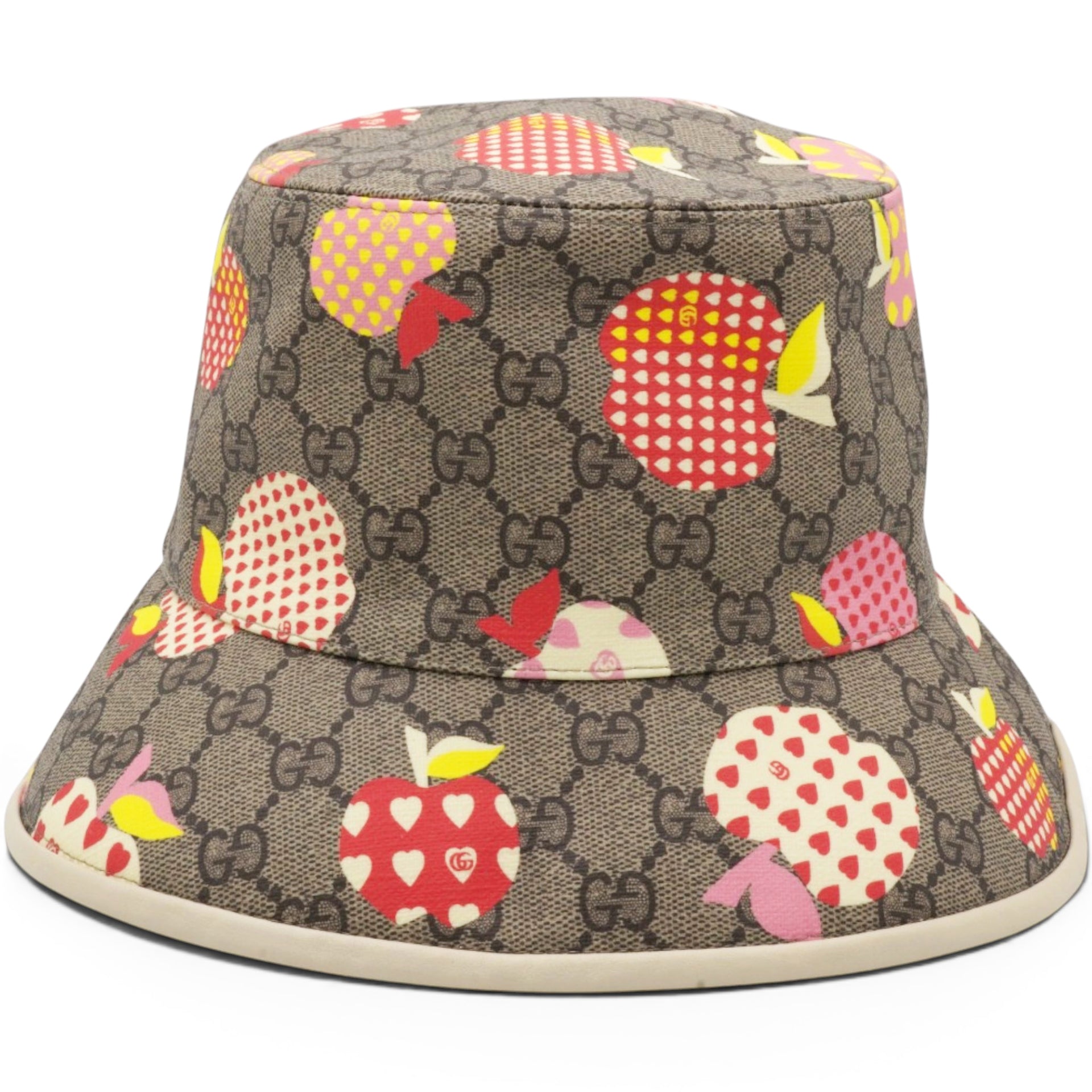 Gucci GG Supreme Monogram Les Pommes Bob Apple Bucket Hat Beige Ebony Size 58/L 