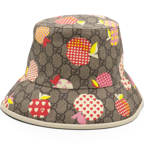 Gucci GG Supreme Monogram Les Pommes Bob Apple Bucket Hat Beige Ebony Size 58/L 