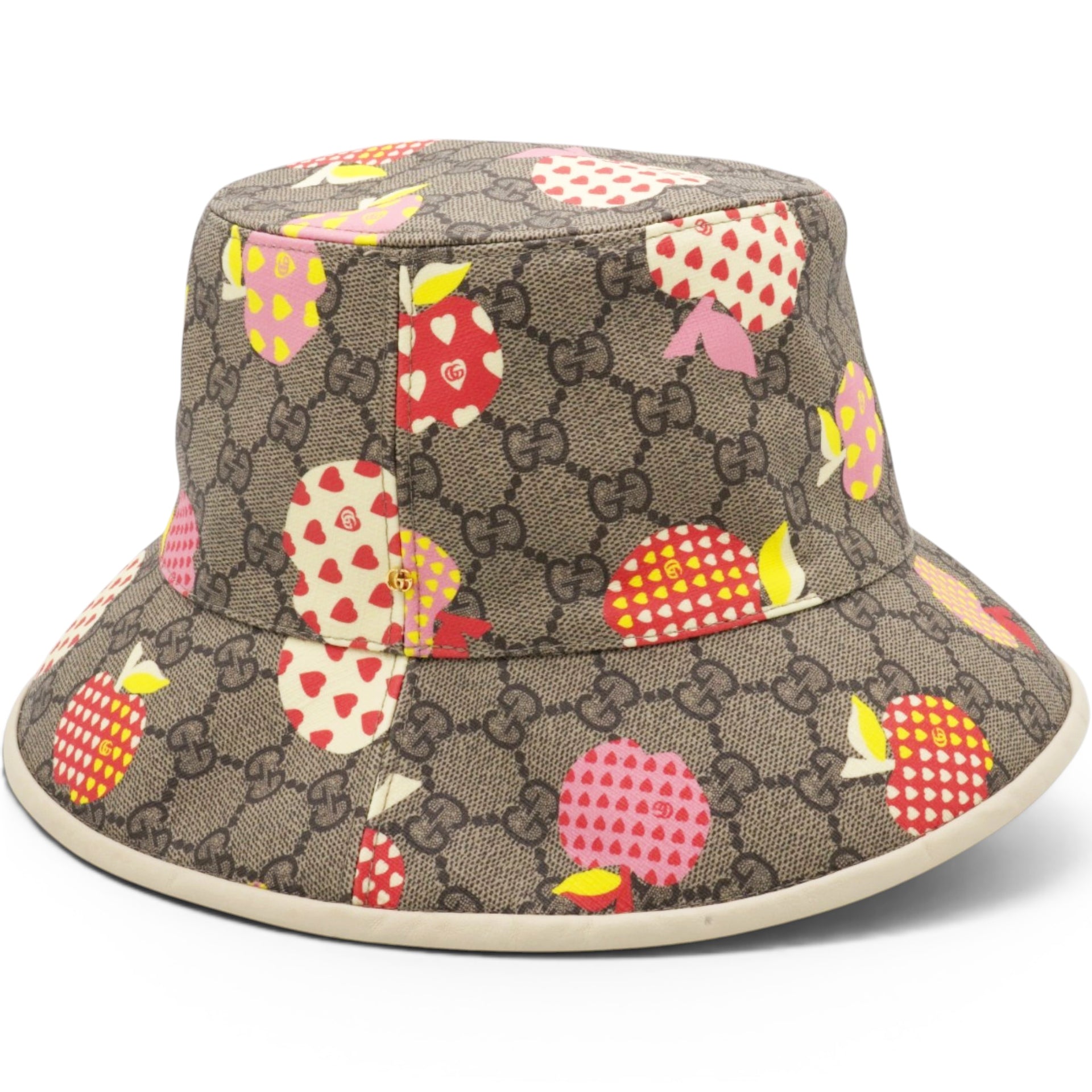Gucci GG Supreme Monogram Les Pommes Bob Apple Bucket Hat Beige Ebony Size 58/L 