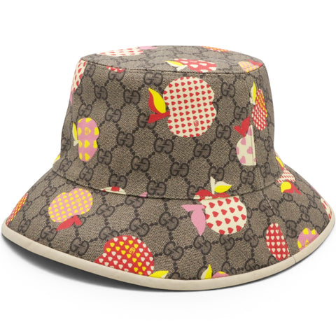 Gucci GG Supreme Monogram Les Pommes Bob Apple Bucket Hat Beige Ebony Size 58/L 
