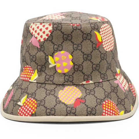 Gucci GG Supreme Monogram Les Pommes Bob Apple Bucket Hat Beige Ebony Size 58/L 