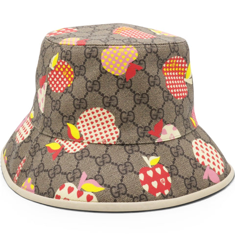 Gucci GG Supreme Monogram Les Pommes Bob Apple Bucket Hat Beige Ebony Size 58/L 