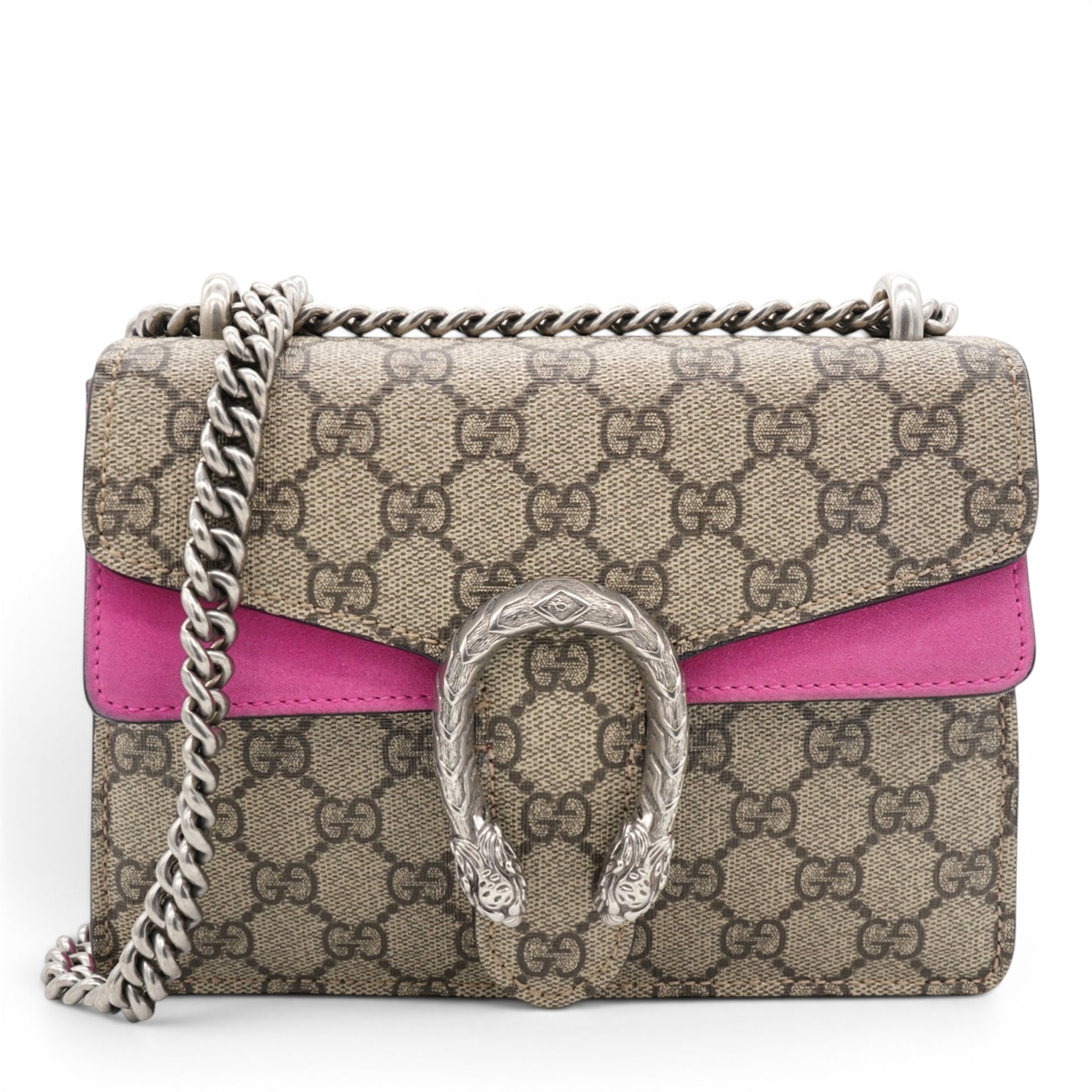 Gucci GG Supreme Monogram Suede Crystal Small Dionysus Shoulder Bag Beige Ebony Bright Purple