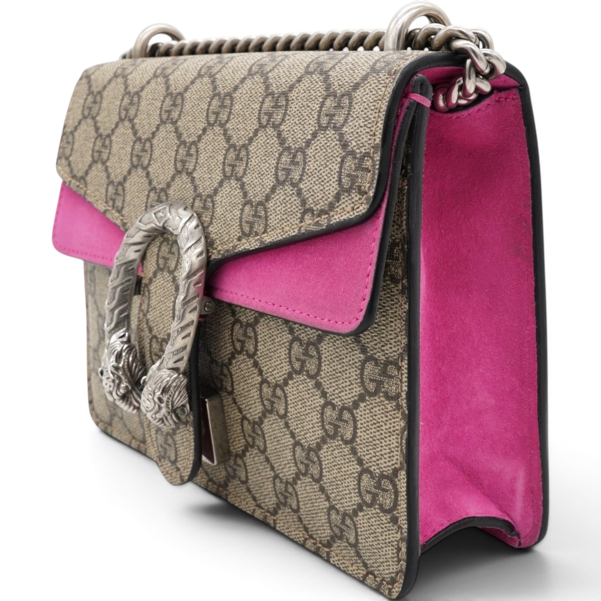 Gucci GG Supreme Monogram Suede Crystal Small Dionysus Shoulder Bag Beige Ebony Bright Purple 