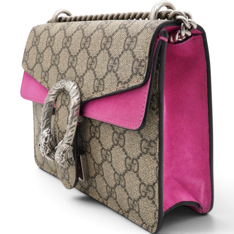 Gucci GG Supreme Monogram Suede Crystal Small Dionysus Shoulder Bag Beige Ebony Bright Purple 