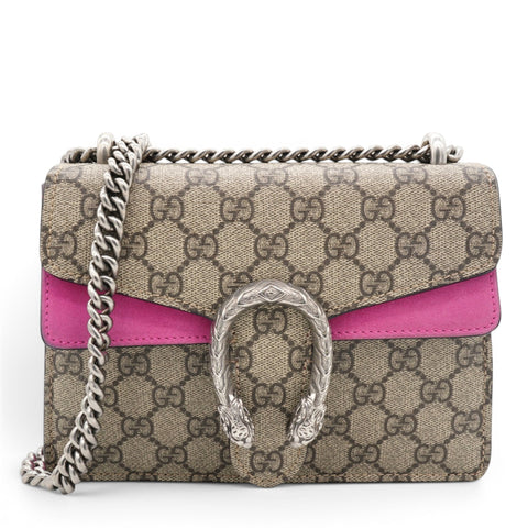 Gucci GG Supreme Monogram Suede Crystal Small Dionysus Shoulder Bag Beige Ebony Bright Purple