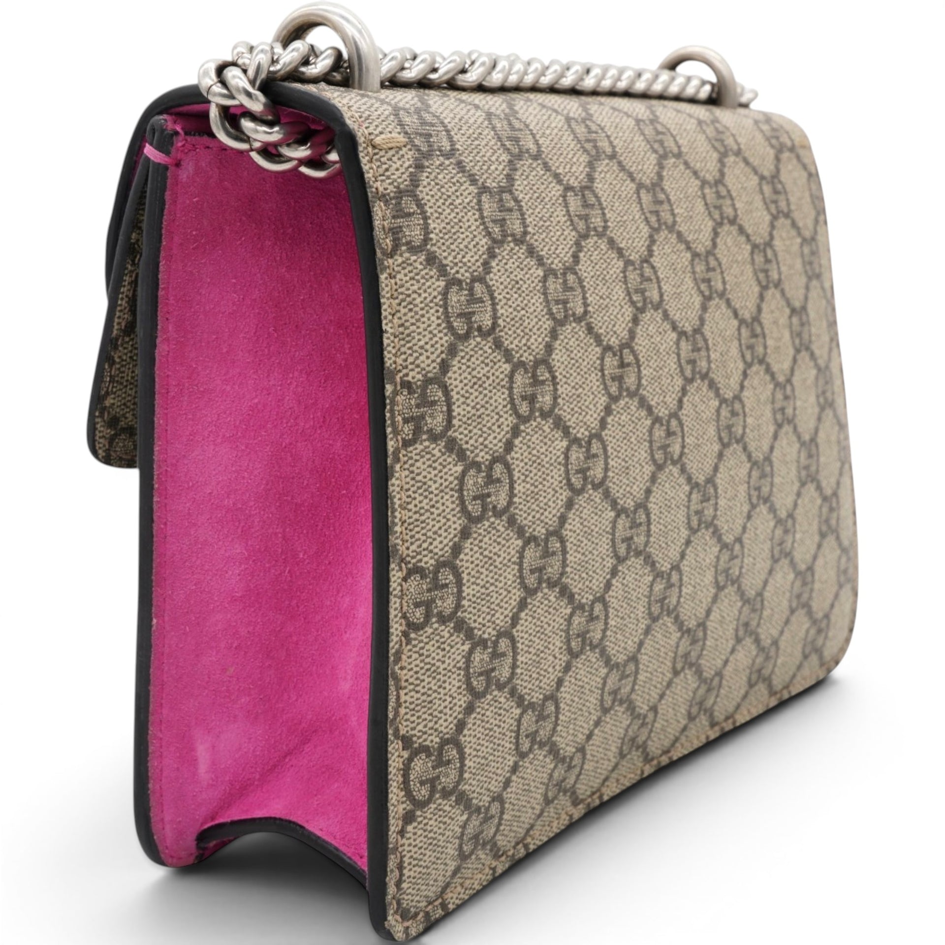 Gucci GG Supreme Monogram Suede Crystal Small Dionysus Shoulder Bag Beige Ebony Bright Purple 