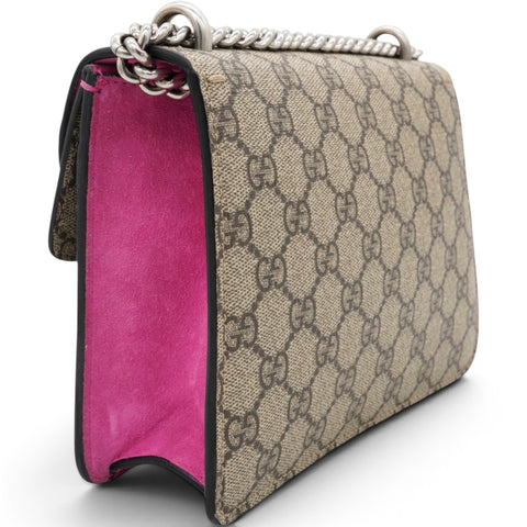 Gucci GG Supreme Monogram Suede Crystal Small Dionysus Shoulder Bag Beige Ebony Bright Purple 