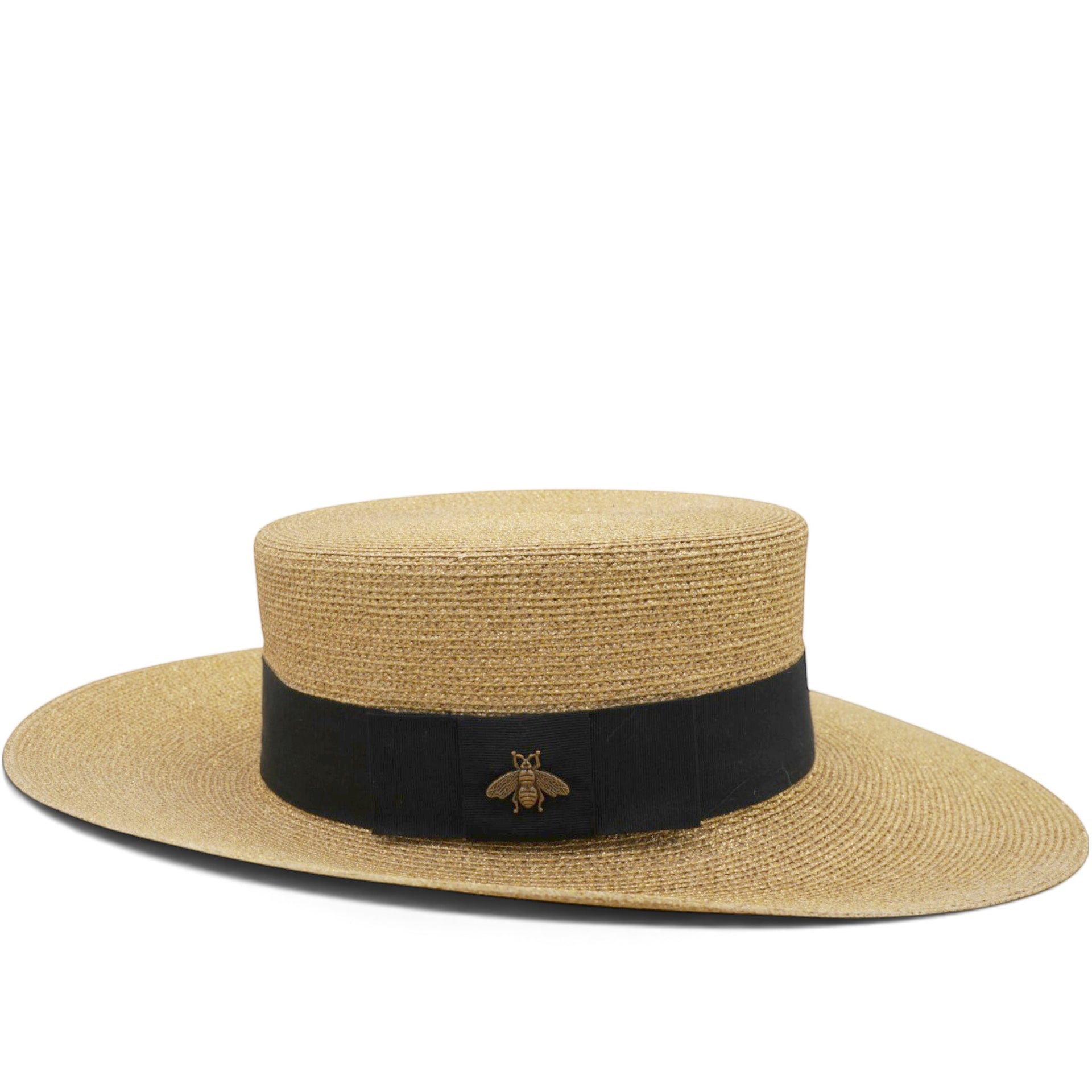 Gucci Glittered Straw Grosgrain Wide Brim Hat XS Gold Black 