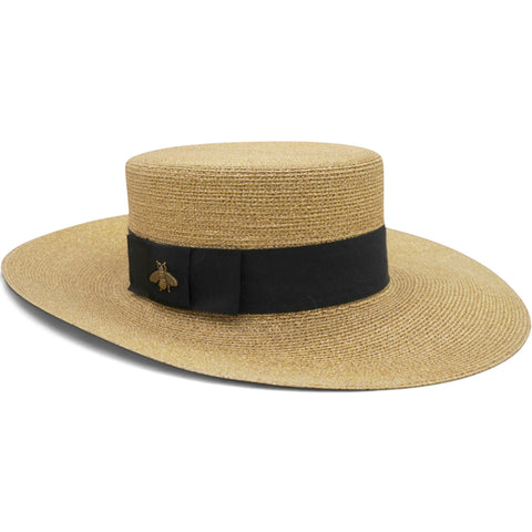 Gucci Glittered Straw Grosgrain Wide Brim Hat XS Gold Black 