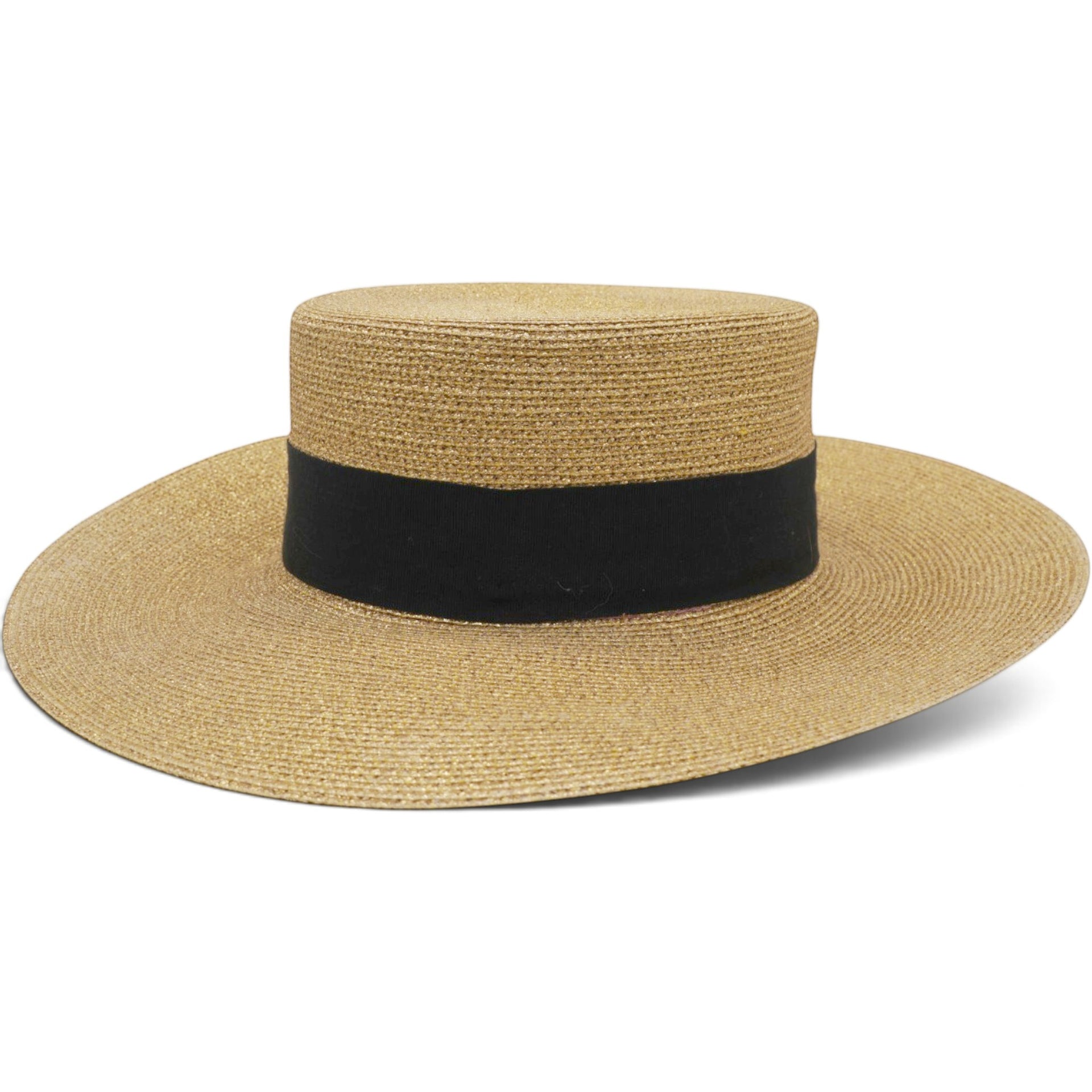Gucci Glittered Straw Grosgrain Wide Brim Hat XS Gold Black 