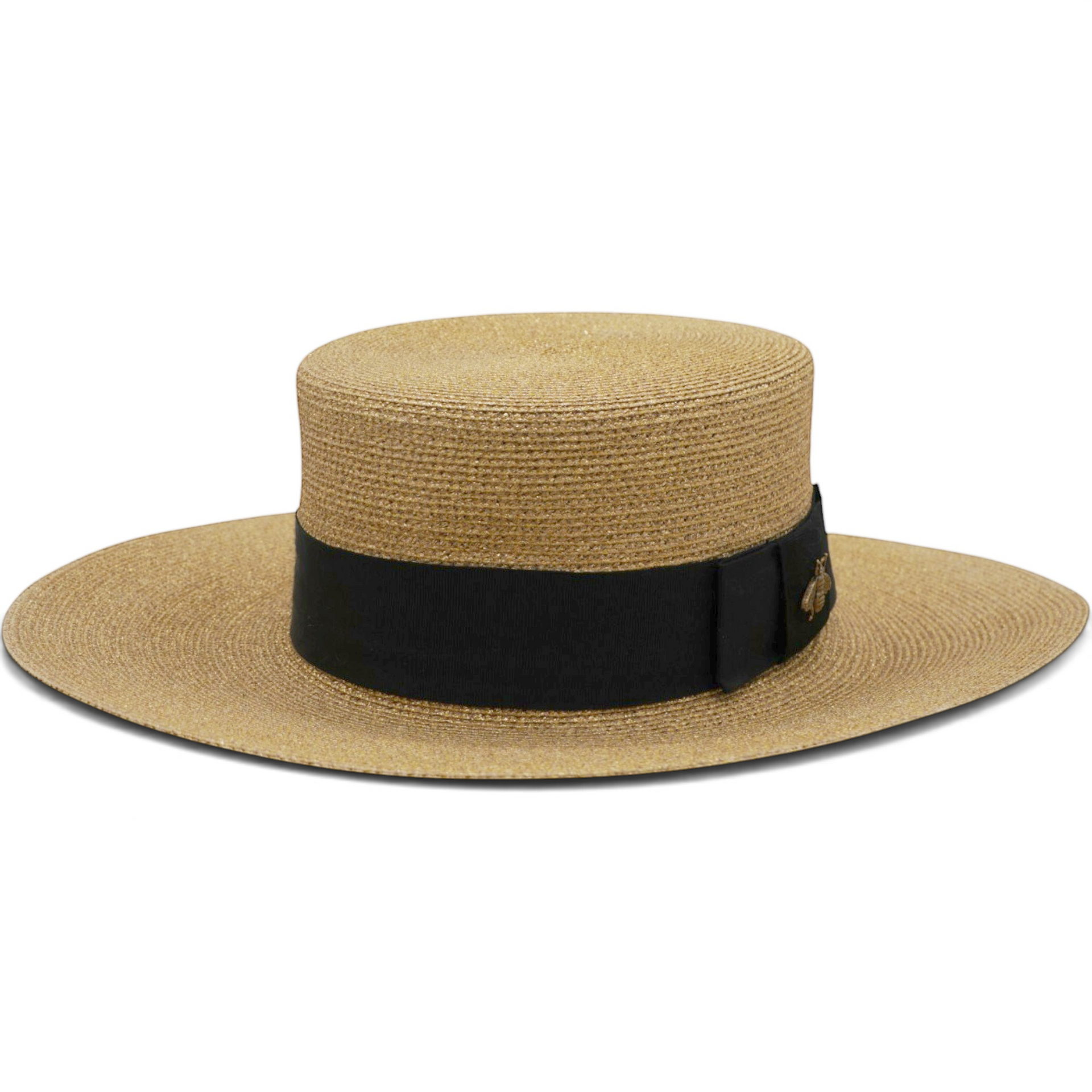 Gucci Glittered Straw Grosgrain Wide Brim Hat XS Gold Black 