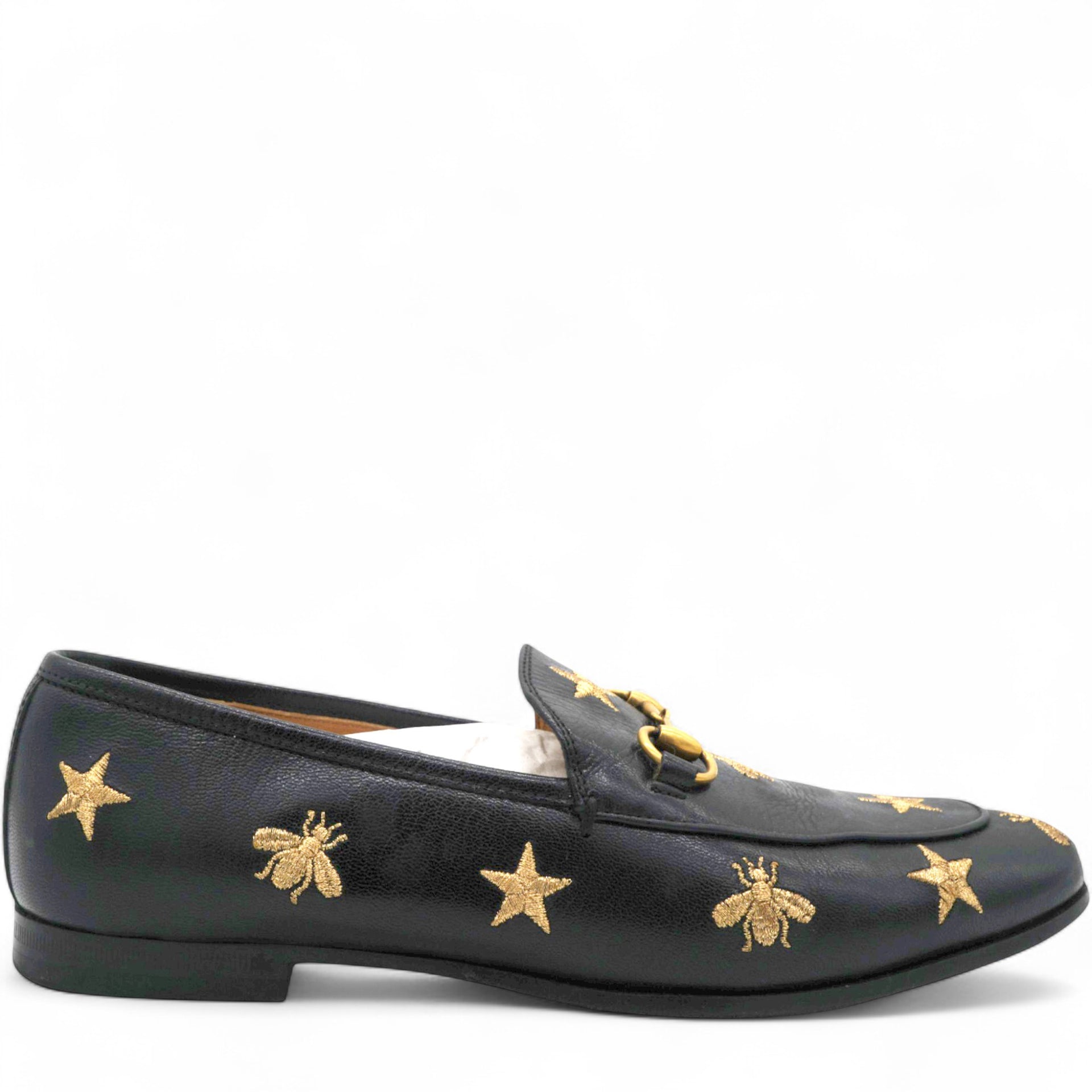 Gucci Goatskin Bee Star Embroidered Womens Jordaan Loafers Black Size37 