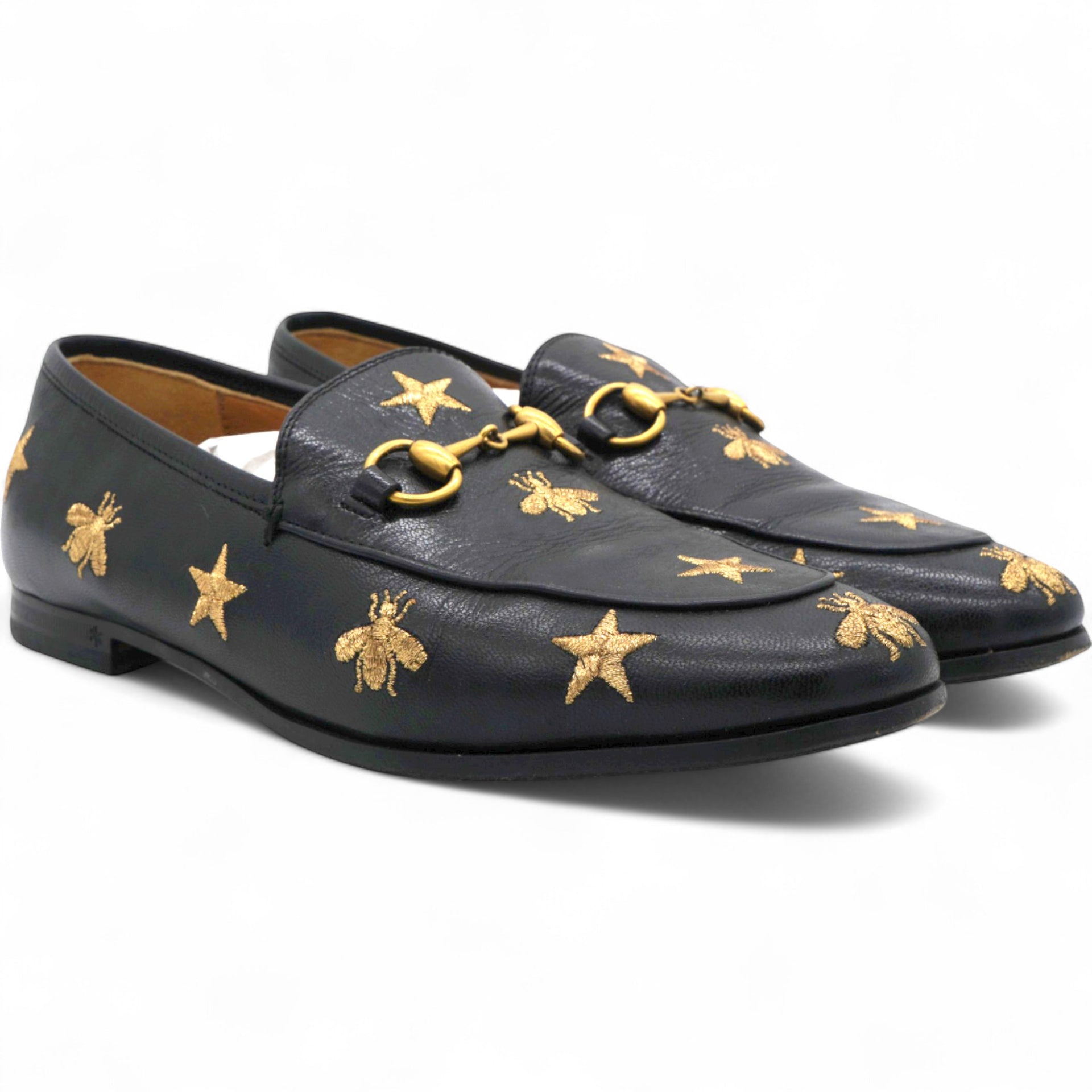Gucci Goatskin Bee Star Embroidered Womens Jordaan Loafers Black Size37 