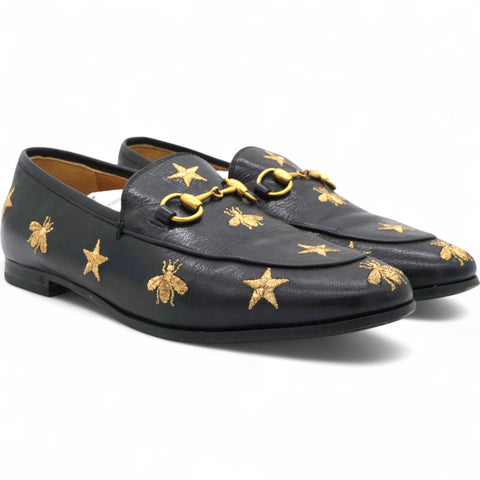 Gucci Goatskin Bee Star Embroidered Womens Jordaan Loafers Black Size37 