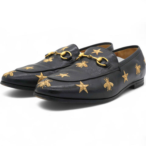 Gucci Goatskin Bee Star Embroidered Womens Jordaan Loafers Black Size37 