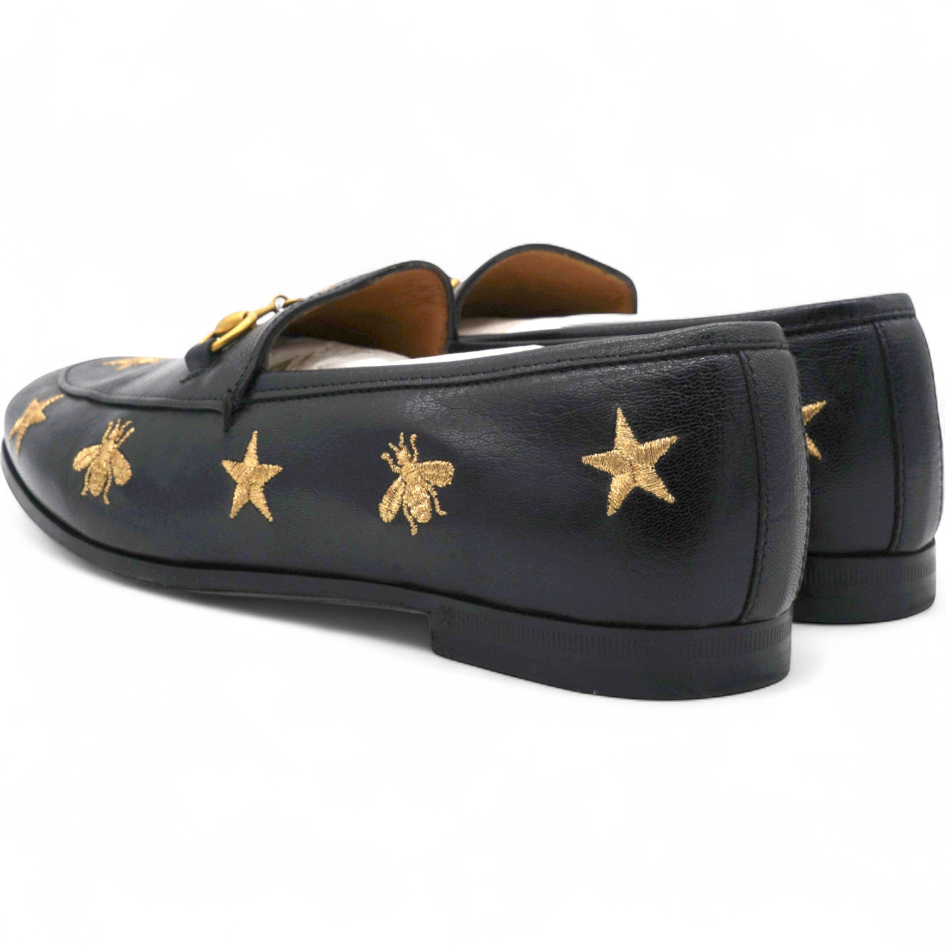 Gucci Goatskin Bee Star Embroidered Womens Jordaan Loafers Black Size37 