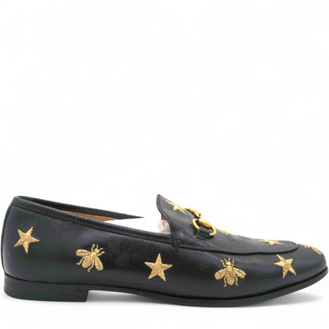 Gucci Goatskin Bee Star Embroidered Womens Jordaan Loafers Black Size37 