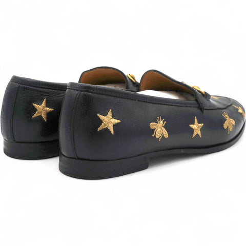 Gucci Goatskin Bee Star Embroidered Womens Jordaan Loafers Black Size37 