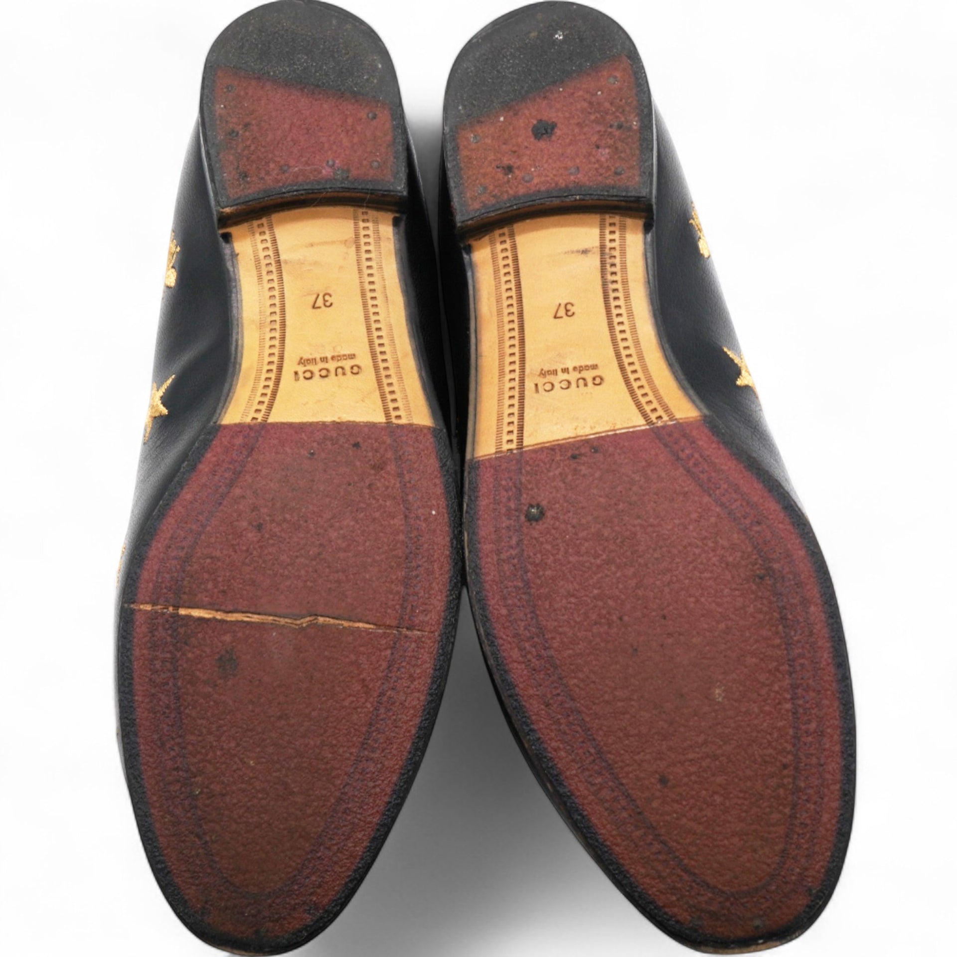 Gucci Goatskin Bee Star Embroidered Womens Jordaan Loafers Black Size37 