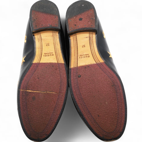 Gucci Goatskin Bee Star Embroidered Womens Jordaan Loafers Black Size37 