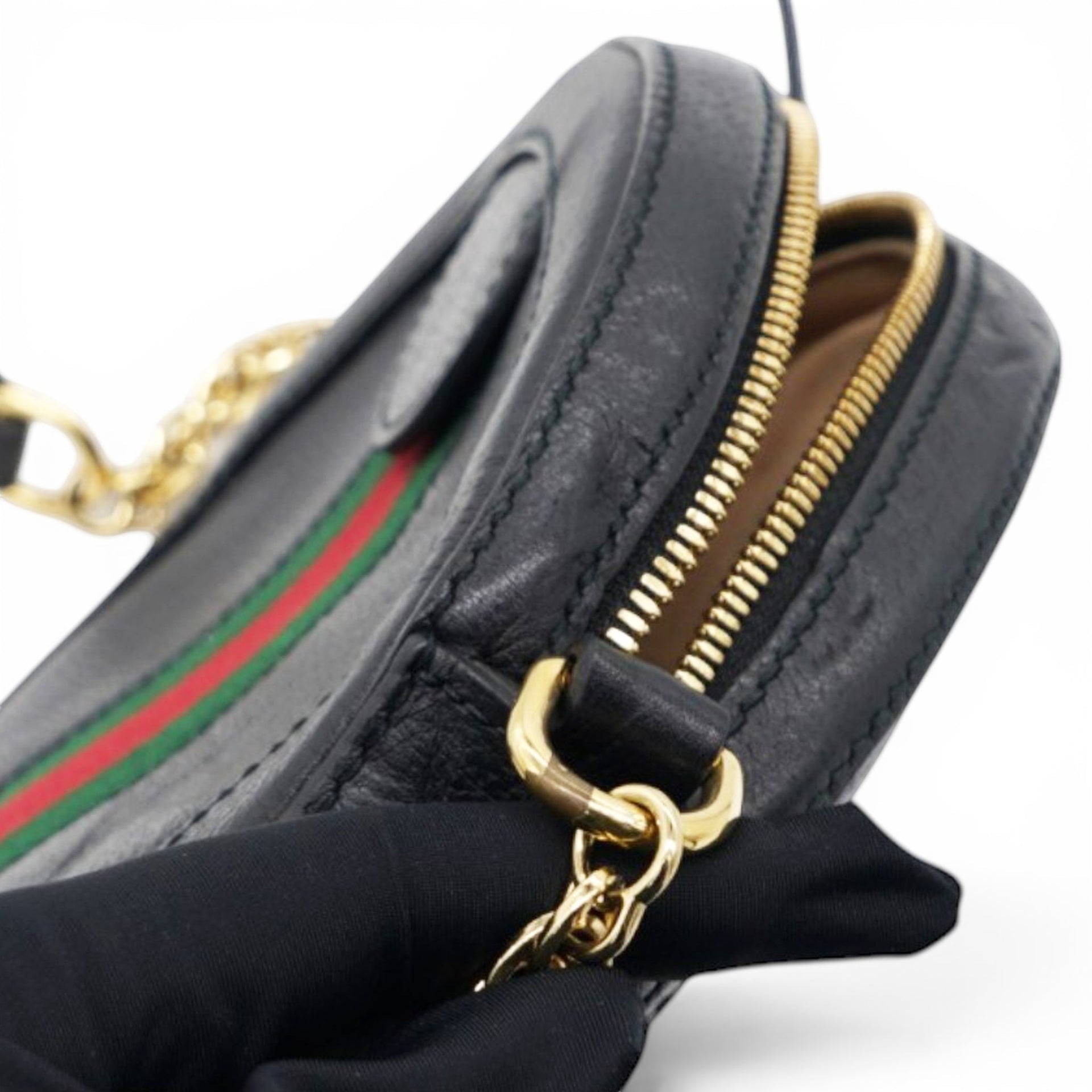 Gucci Grained Leather Web Ophidia Round Shoulder Bag Black 
