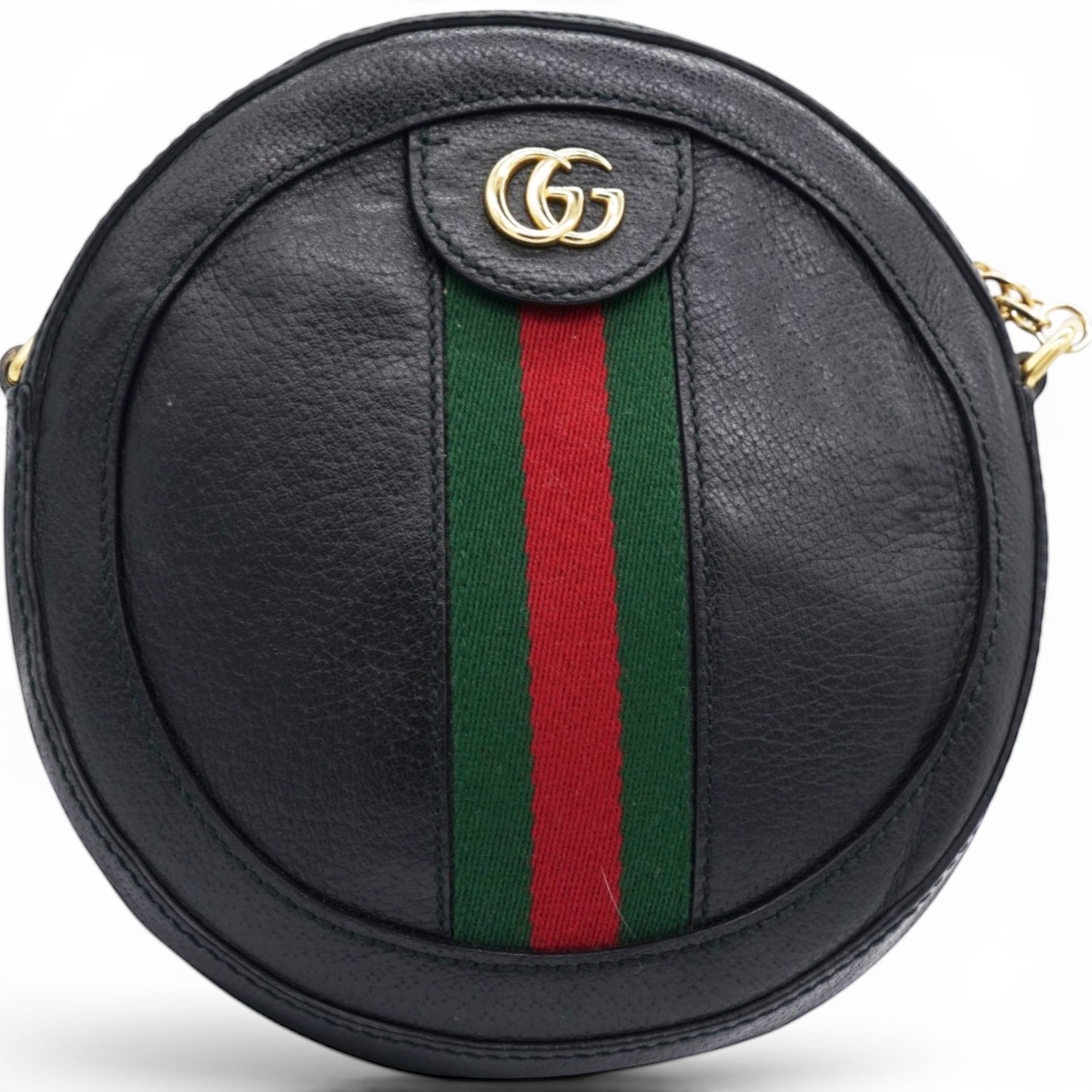 Gucci Grained Leather Web Ophidia Round Shoulder Bag Black 