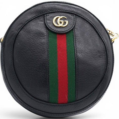 Gucci Grained Leather Web Ophidia Round Shoulder Bag Black 