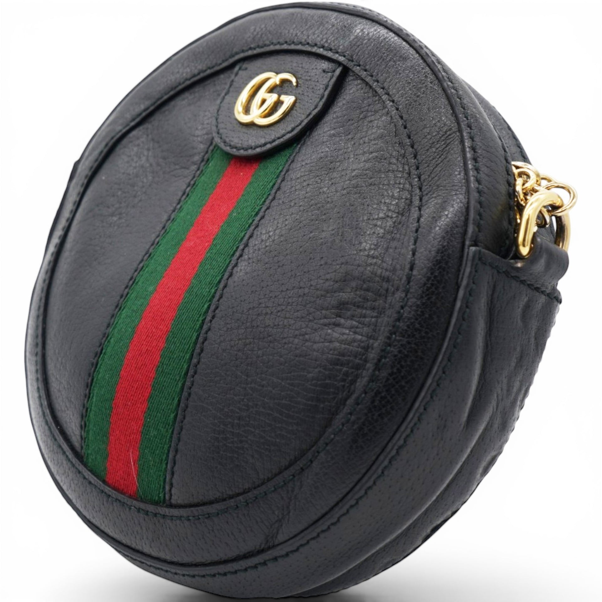 Gucci Grained Leather Web Ophidia Round Shoulder Bag Black 