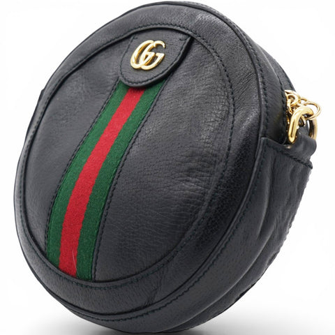 Gucci Grained Leather Web Ophidia Round Shoulder Bag Black 