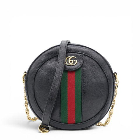 Gucci Grained Leather Web Ophidia Round Shoulder Bag Black 
