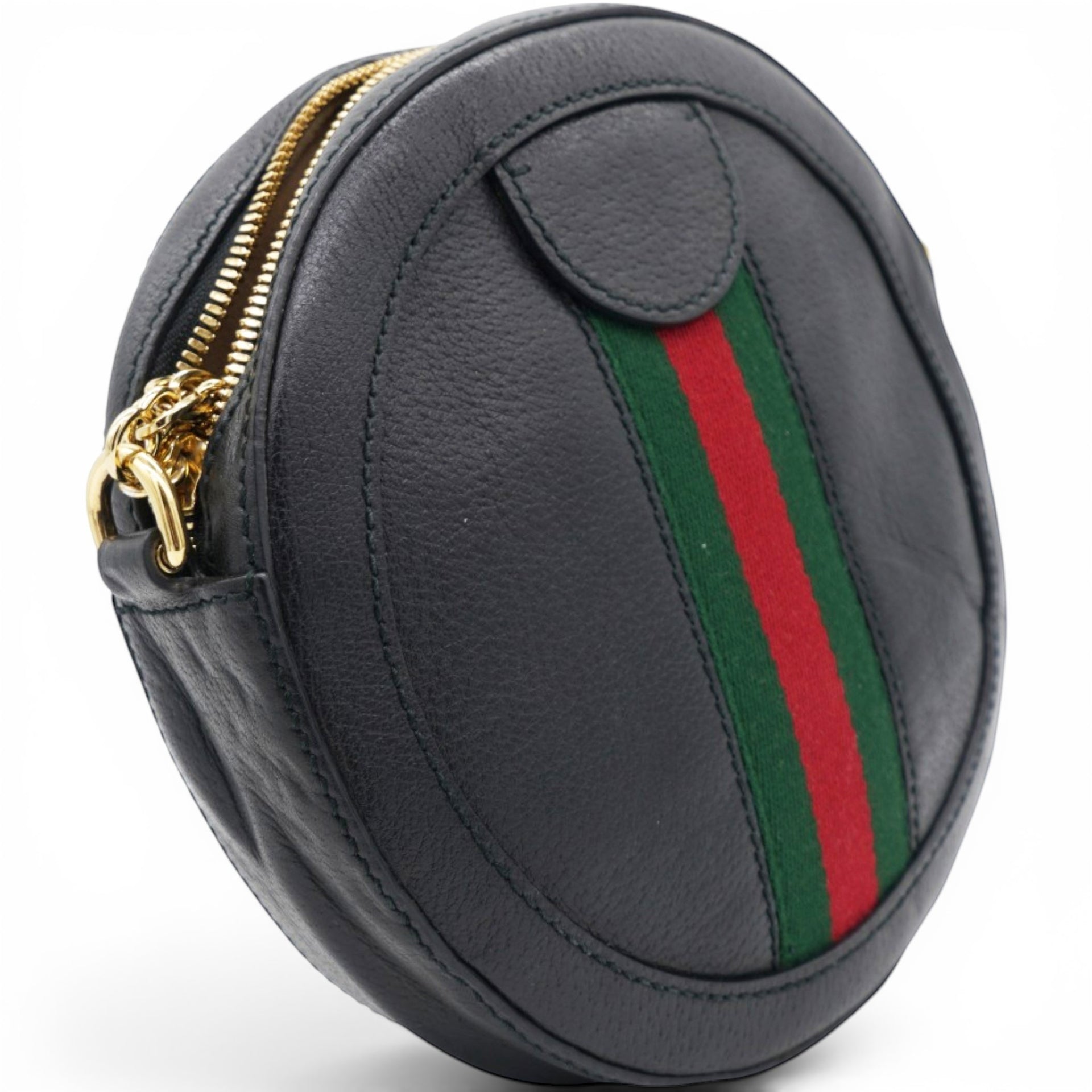 Gucci Grained Leather Web Ophidia Round Shoulder Bag Black 
