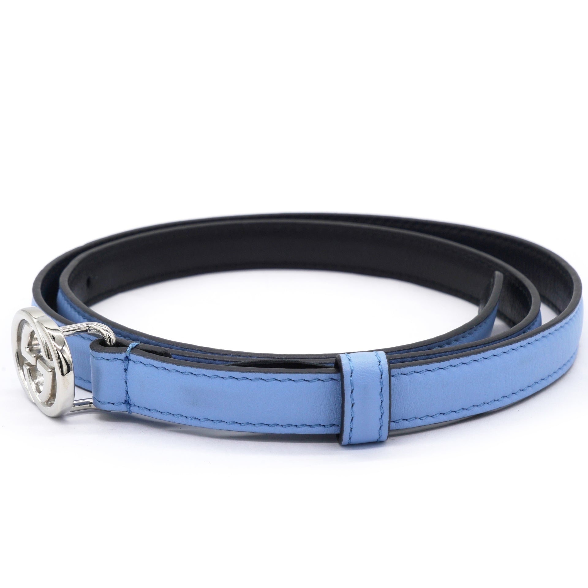 Gucci Light Blue Double G Skinny Belt Size 80 