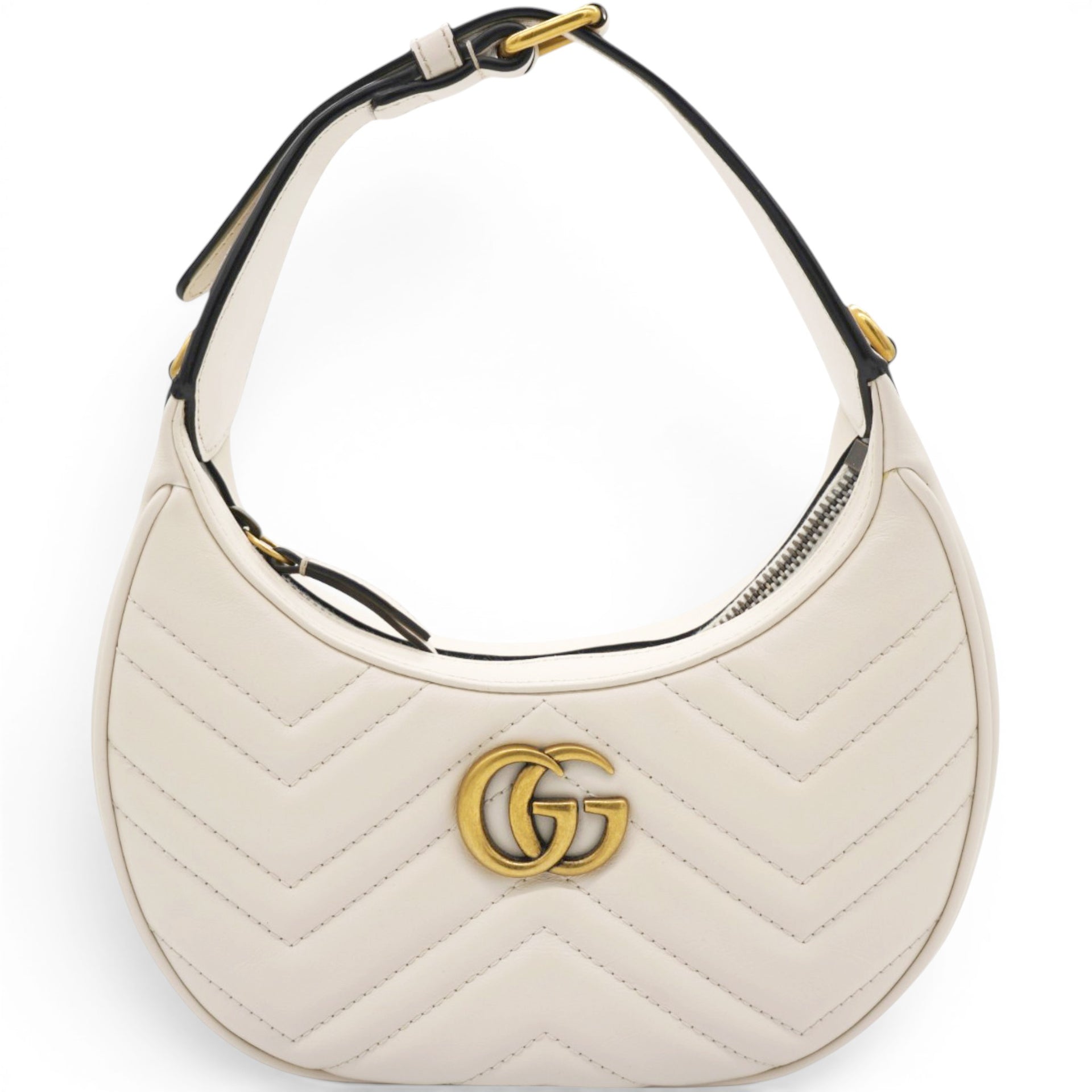 Gucci Matelasse Chevron GG Marmont Half Moon Hobo Mystic White 