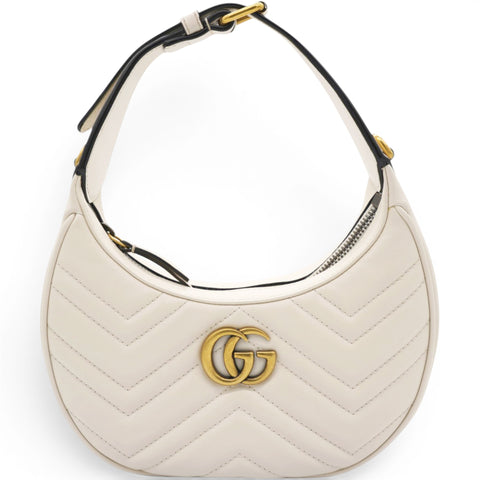 Gucci Matelasse Chevron GG Marmont Half Moon Hobo Mystic White 