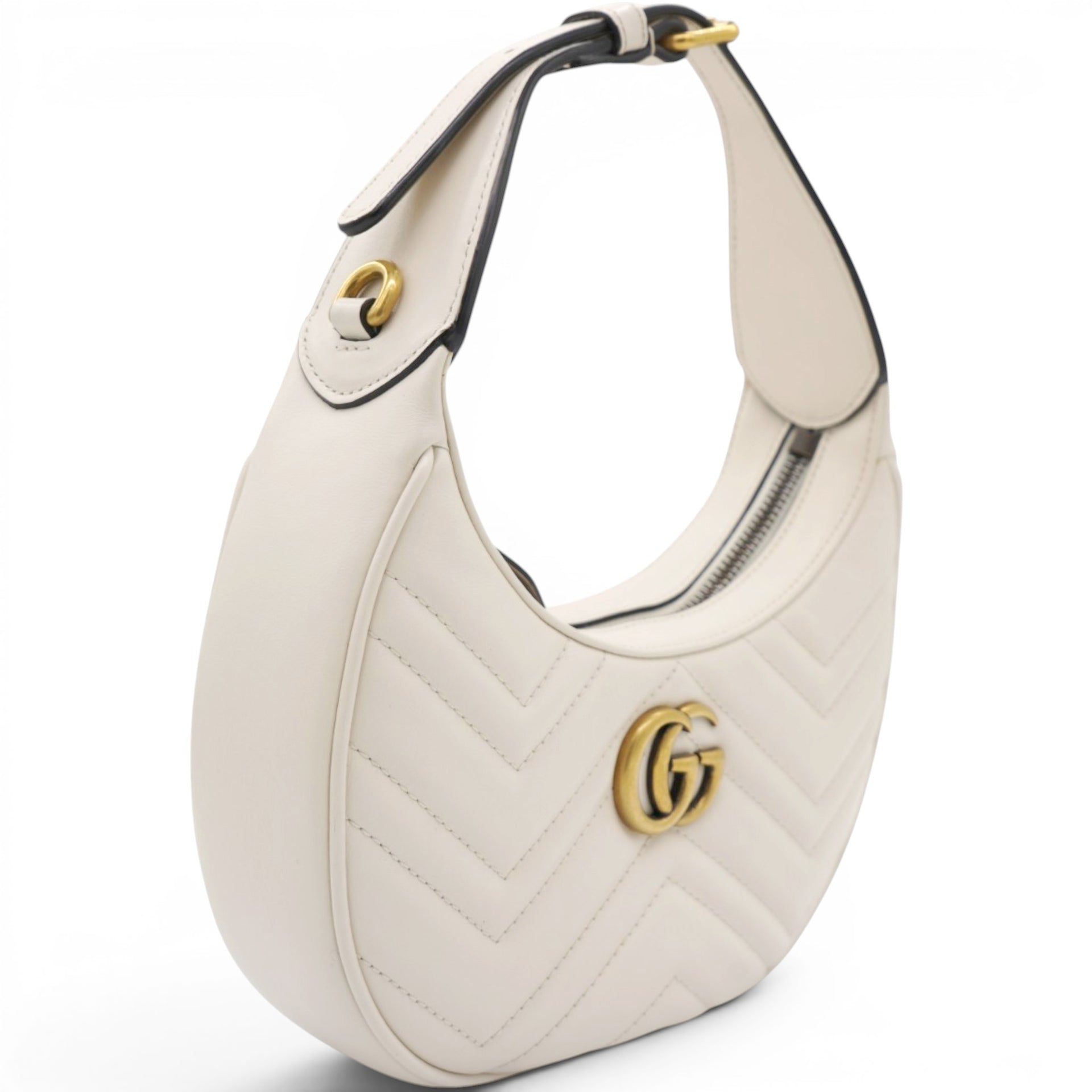 Gucci Matelasse Chevron GG Marmont Half Moon Hobo Mystic White 