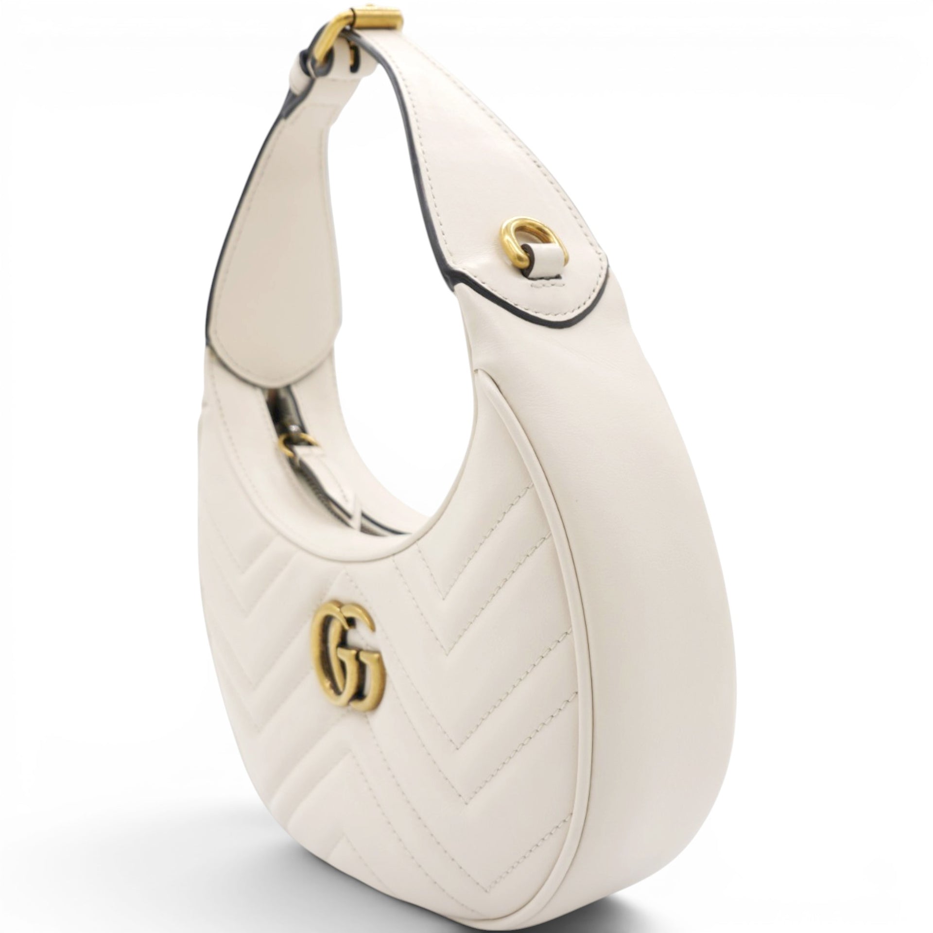 Gucci Matelasse Chevron GG Marmont Half Moon Hobo Mystic White 